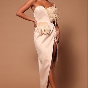 Fashion Nova Jaqueline Asymmetrical Maxi Dress- Champagne